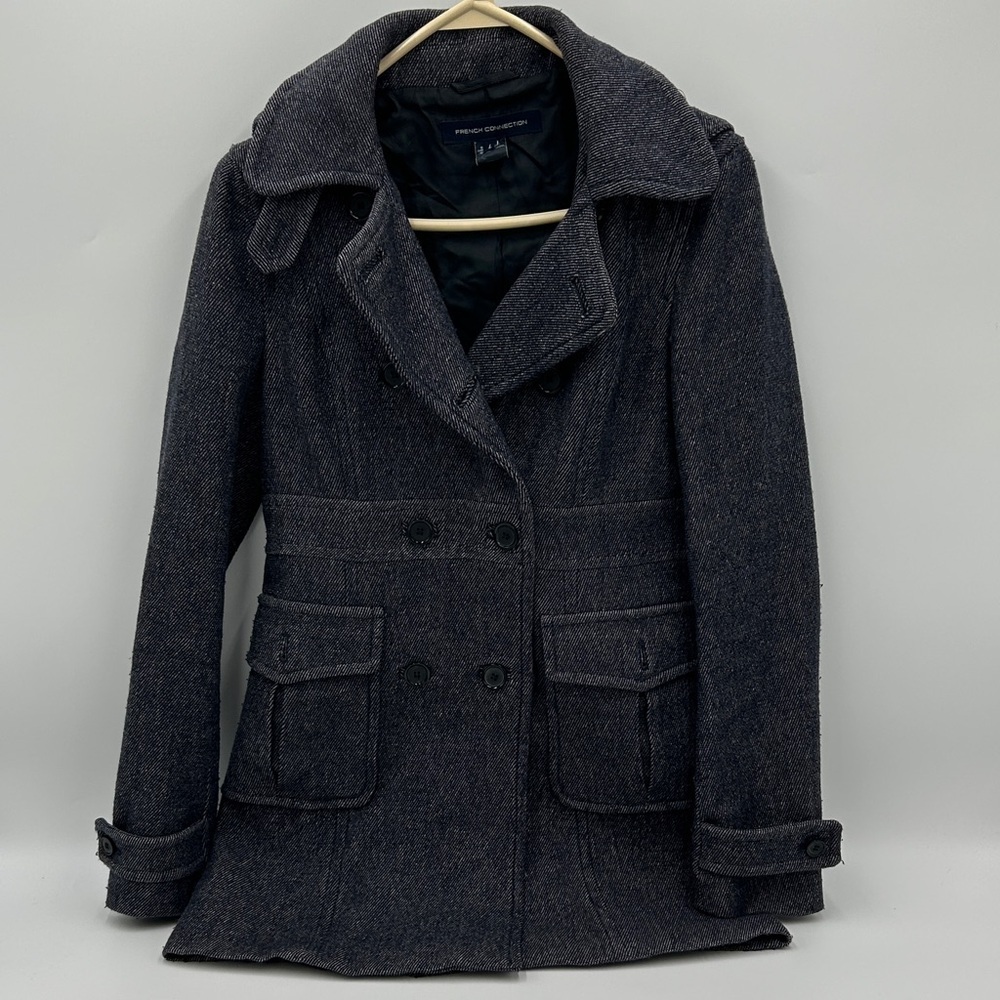 French Connection Hooded Utility Pea Coat Double Breasted 4 Tailored Blue Gray